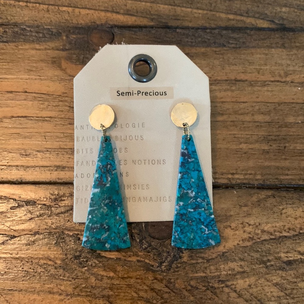 Anthropologie semi-precious turquoise triangle stone and gold dangle earrings